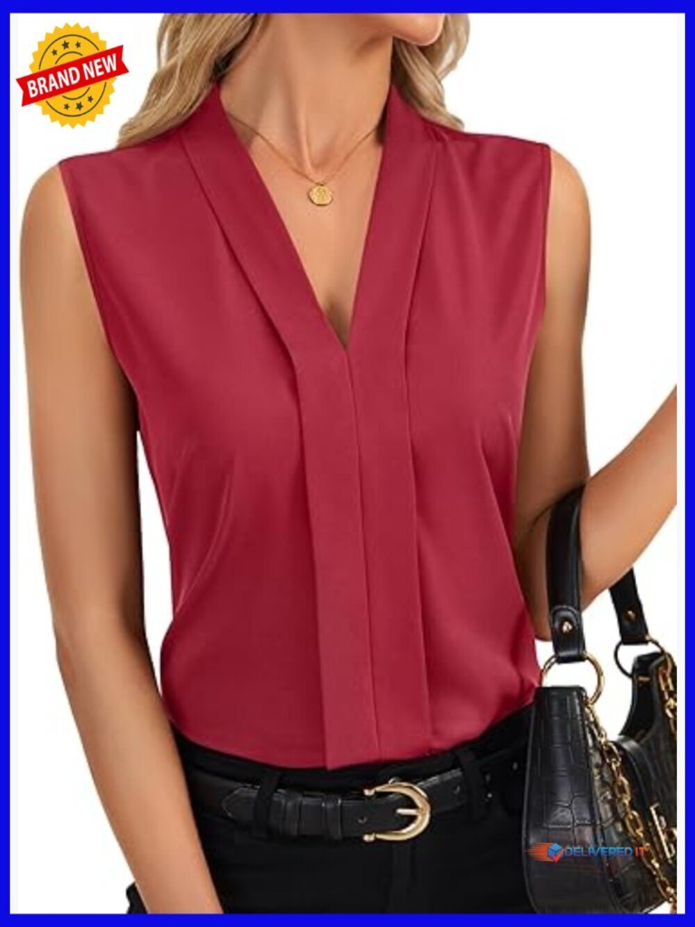 Sleeveless V-Neck Pleated Tank Top Business Casual Blouse